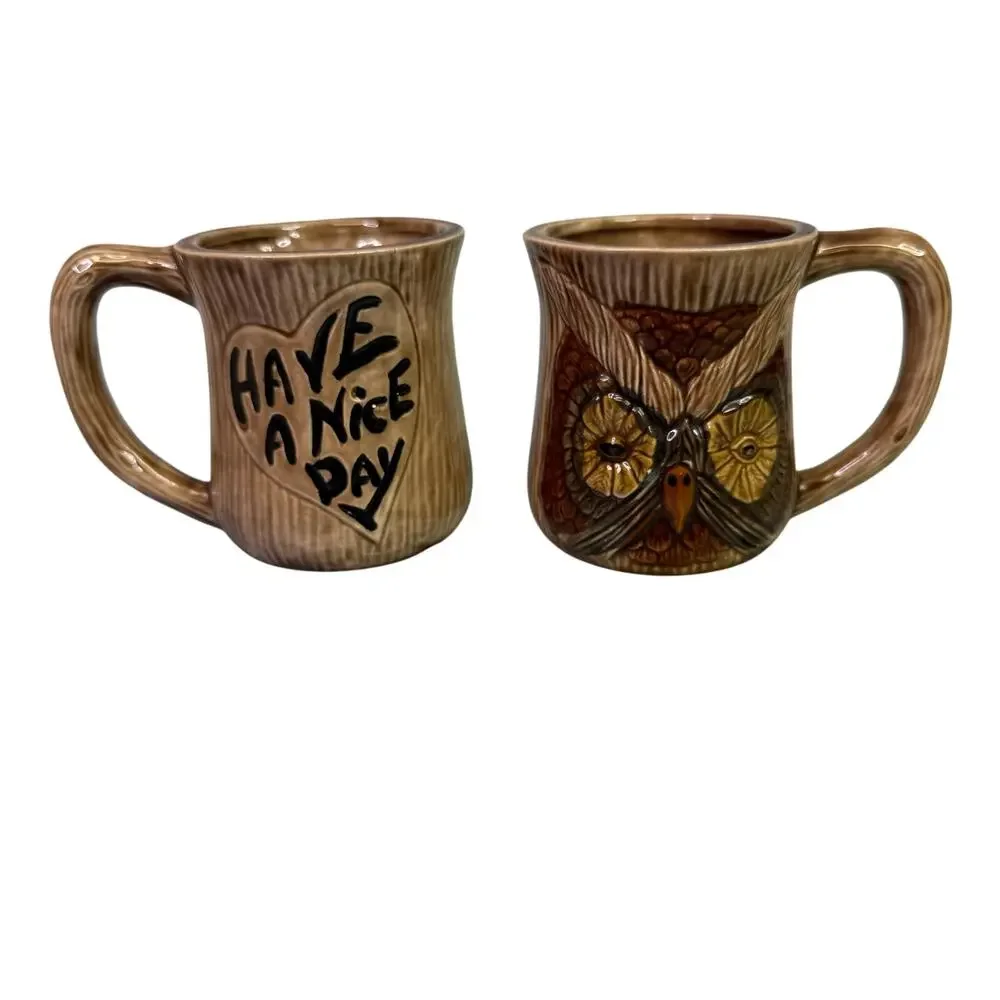 Owl Coffee Mug Set Of Two Vintage 70s Retro Brown Have A Nice Day Tea Hippie